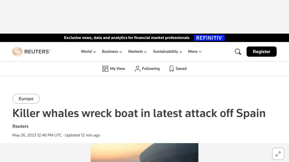 Screenshot of reuters.com: Killer whales wreck boat in latest attack off Spain