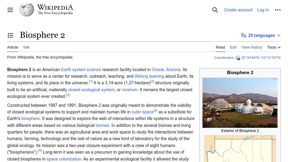 Screenshot of en.wikipedia.org: Biosphere 2