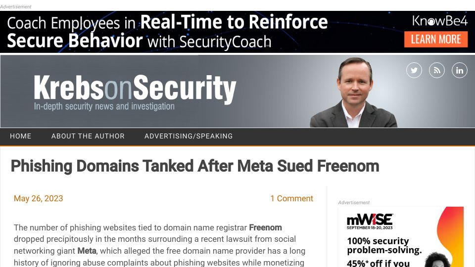 Screenshot of krebsonsecurity.com: Phishing domains tanked after Meta sued Freenom