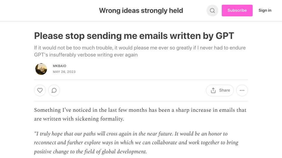Screenshot of mkbaio.substack.com: Please stop sending me emails written by GPT