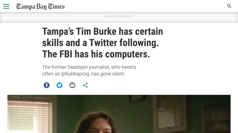 Screenshot of tampabay.com: Former Deadspin writer raided by FBI for Fox News hack