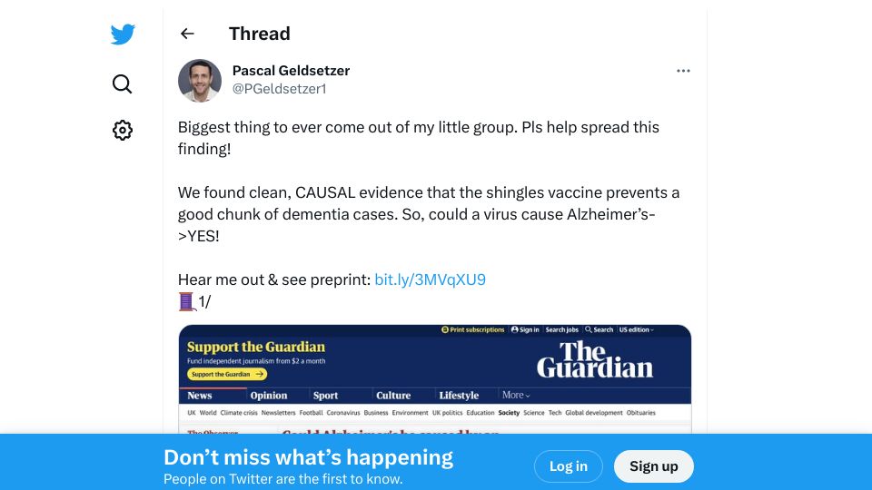 Screenshot of twitter.com: Evidence that the shingles vaccine prevents a good chunk of dementia cases