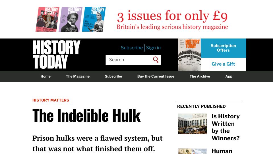 Screenshot of historytoday.com: Prison Hulks