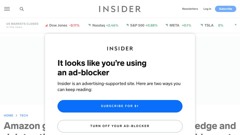 Screenshot of businessinsider.com: Amazon Backs Out of Climate Pledge, Deletes Shipment Zero Initiative Blogpost