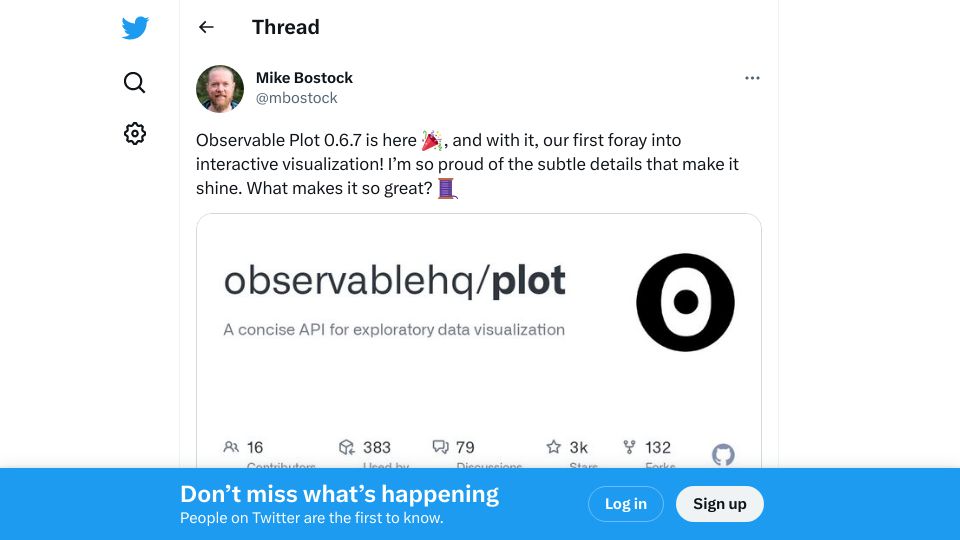 Screenshot of twitter.com: Observable Plot 0.6.7 released: pointer interaction, tip mark