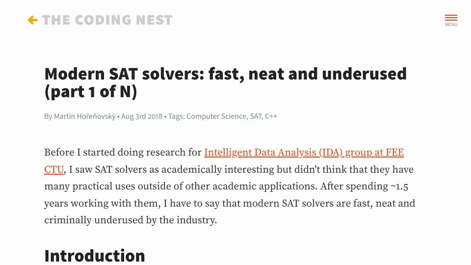 Screenshot of codingnest.com: Modern SAT solvers: fast, neat and underused (2018)