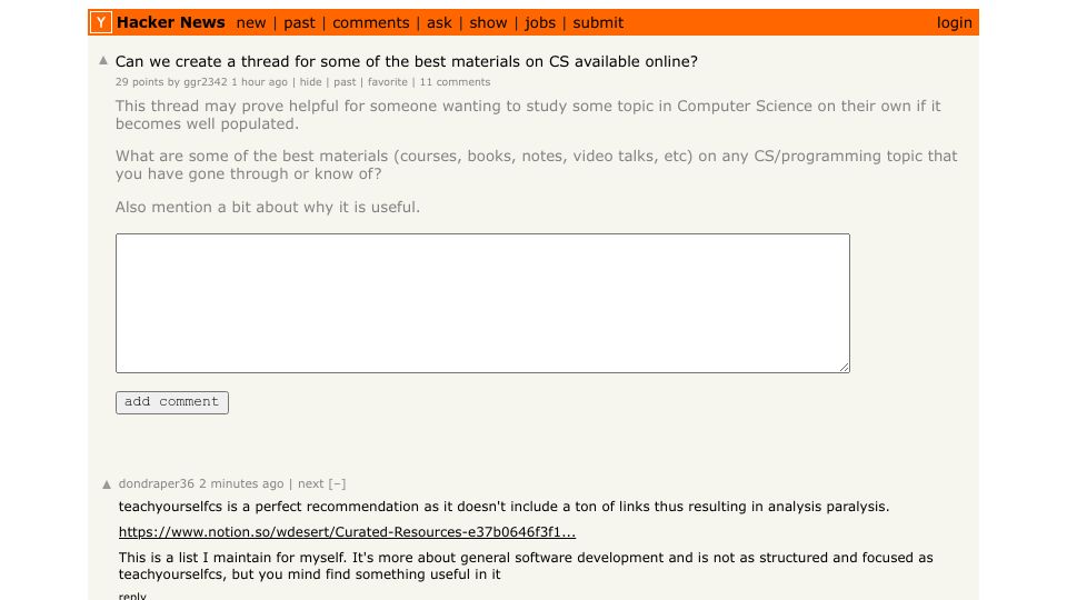 Screenshot of Hacker News post: Can we create a thread for some of the best materials on CS available online?