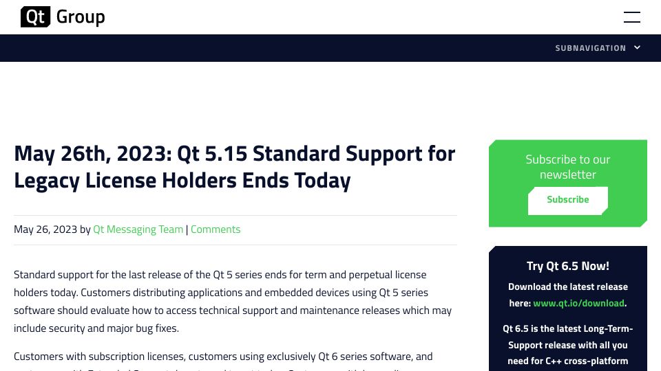 Screenshot of qt.io: Qt 5.15 Standard Support for Legacy License Holders Ends Today