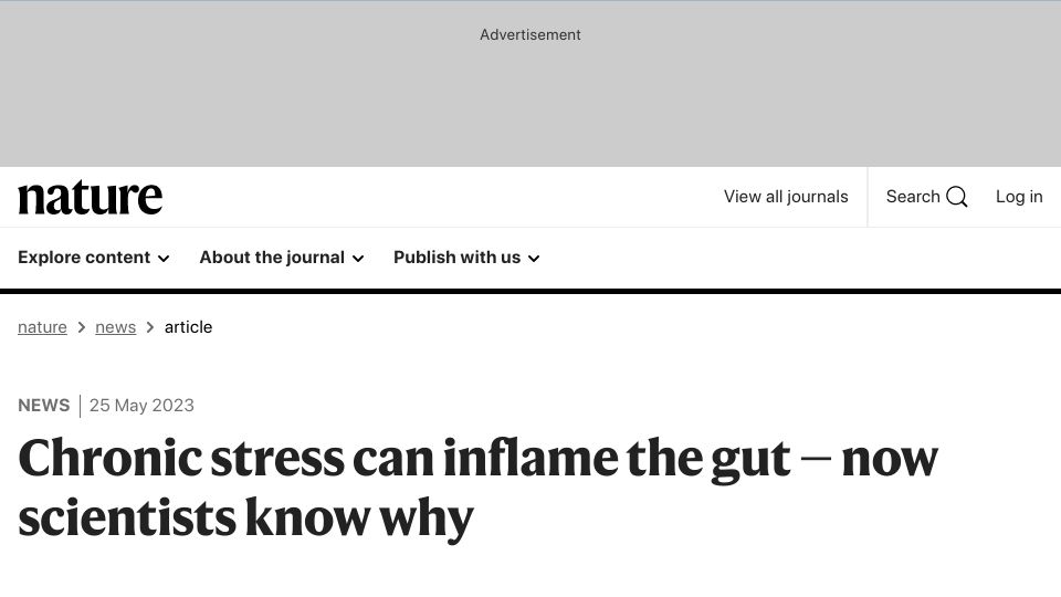Screenshot of nature.com: New work helps to explain how chronic stress can inflame the gut