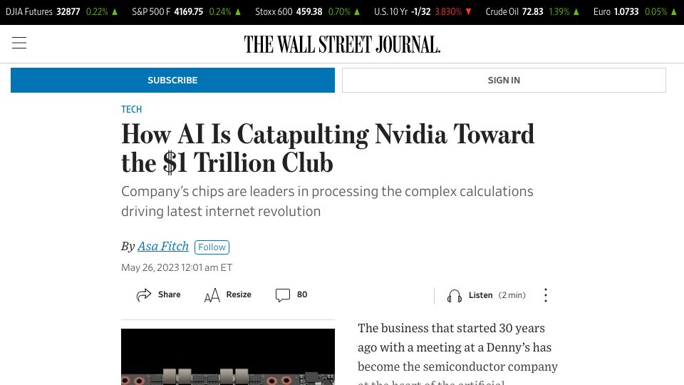 Screenshot of wsj.com: AI Is Catapulting Nvidia Toward the $1 Trillion Club