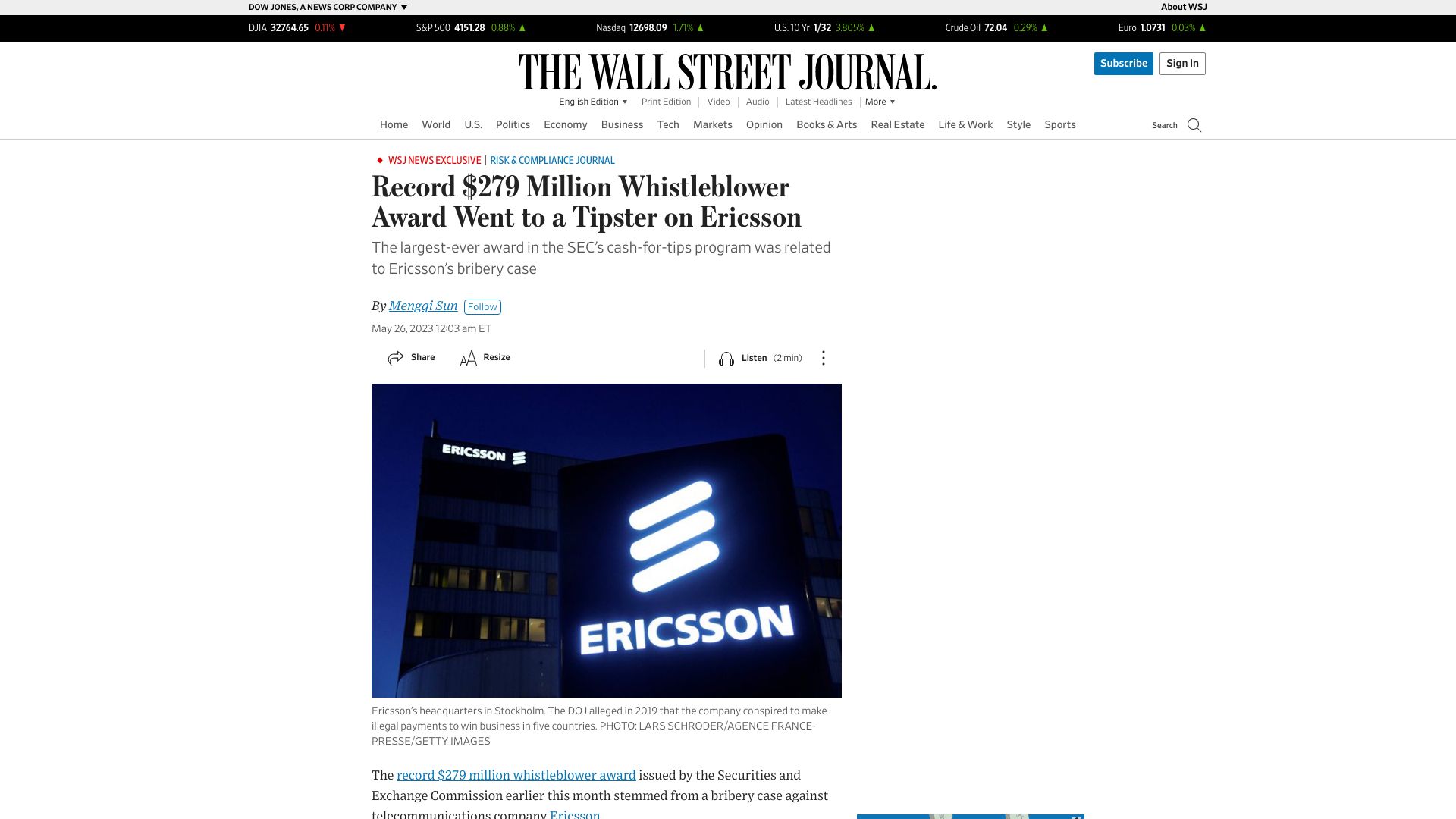 Screenshot of wsj.com: Record whistleblower award went to a tipster on Ericsson