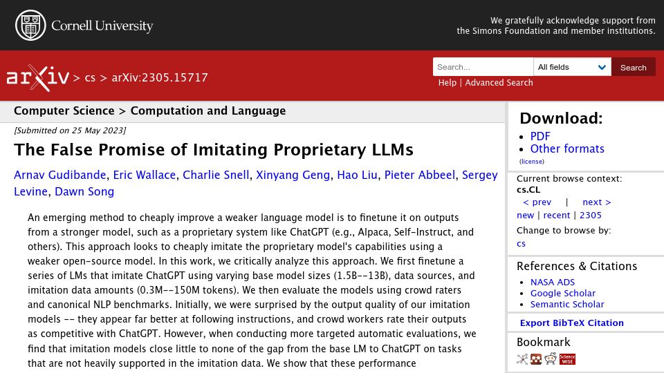 Screenshot of arxiv.org: The False Promise of Imitating Proprietary LLMs