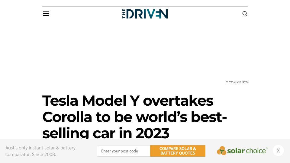 Screenshot of thedriven.io: Tesla Model Y overtakes Corolla to be world’s best-selling car in 2023