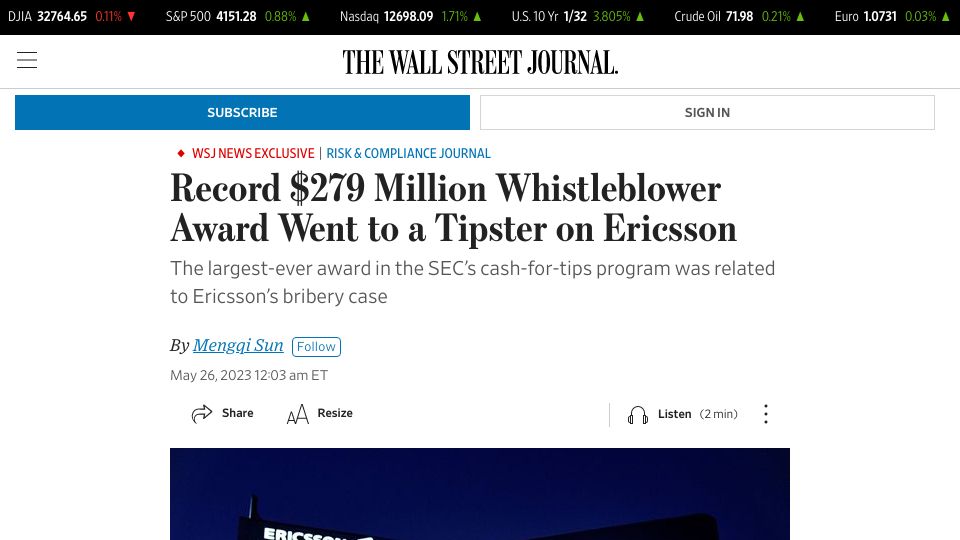 Screenshot of wsj.com: Record whistleblower award went to a tipster on Ericsson