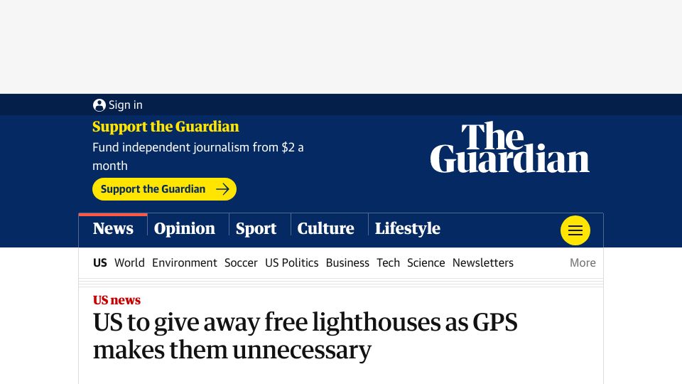 Screenshot of theguardian.com: U.S. to give away free lighthouses as GPS makes them unnecessary
