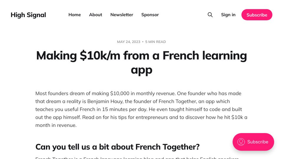 Screenshot of highsignal.io: Making $10k/m from a French learning app