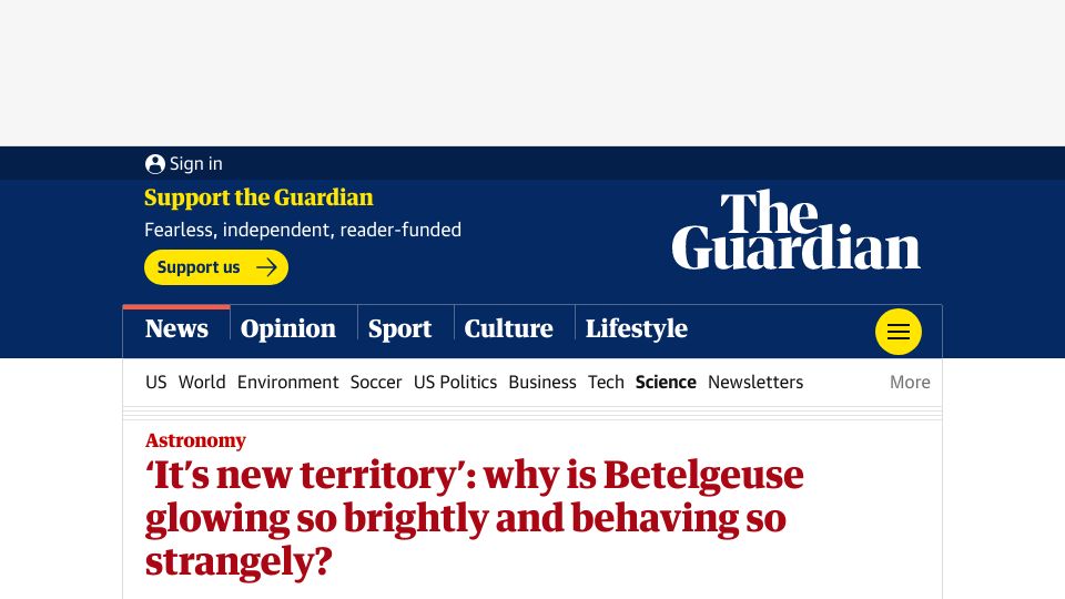 Screenshot of theguardian.com: Why is Betelgeuse glowing so brightly and behaving so strangely?