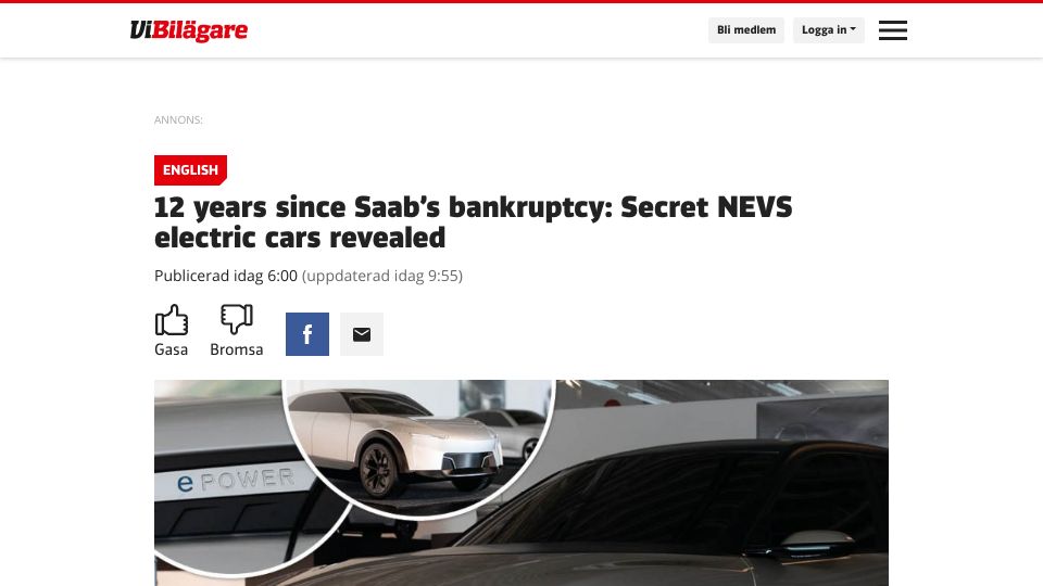 Screenshot of vibilagare.se: 12 years since Saab’s bankruptcy: Secret NEVS electric cars revealed