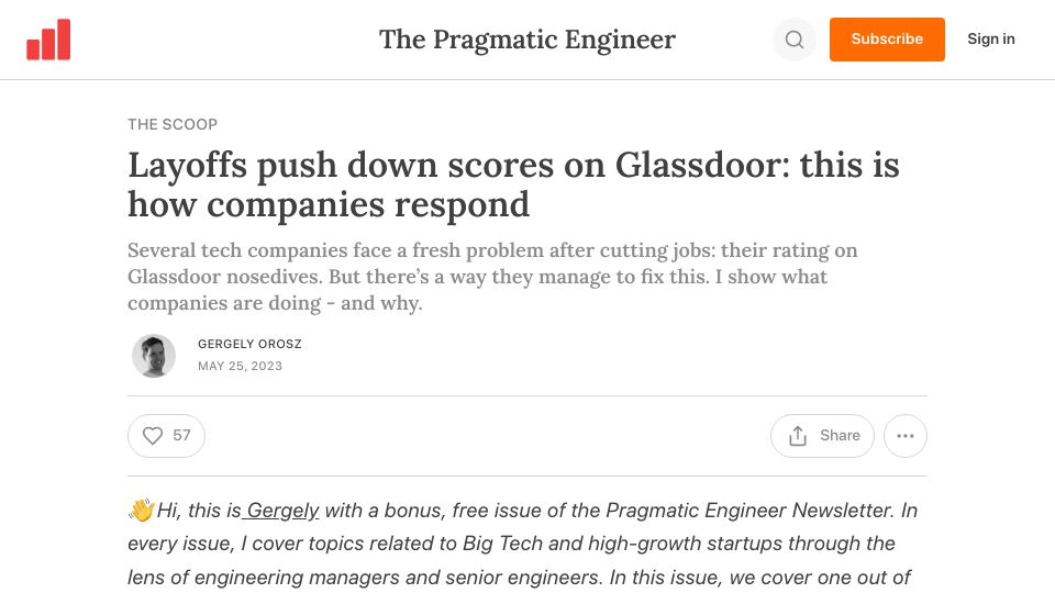 Screenshot of newsletter.pragmaticengineer.com: Layoffs push down scores on Glassdoor – how companies respond