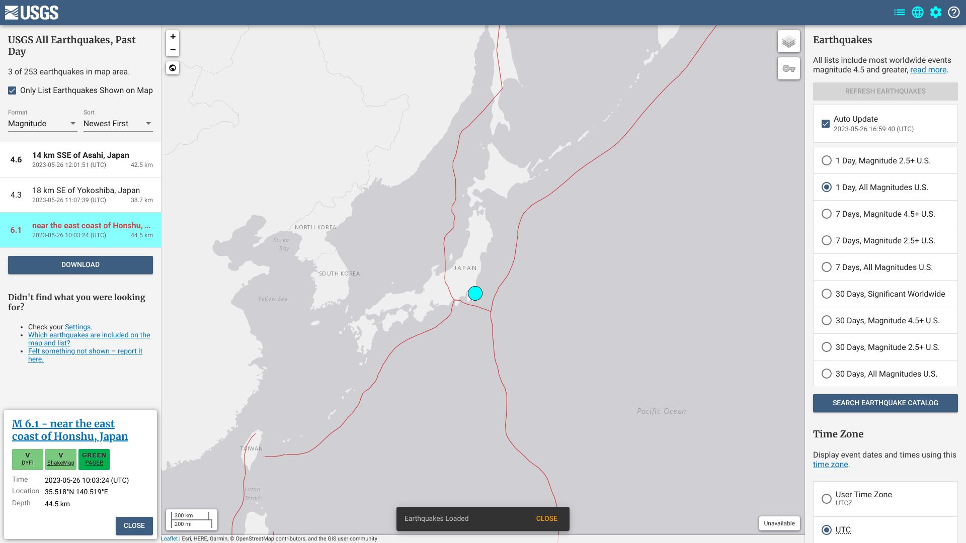 Screenshot of earthquake.usgs.gov: Magnitude 6.1 earthquake near the east coast of Honshu, Japan