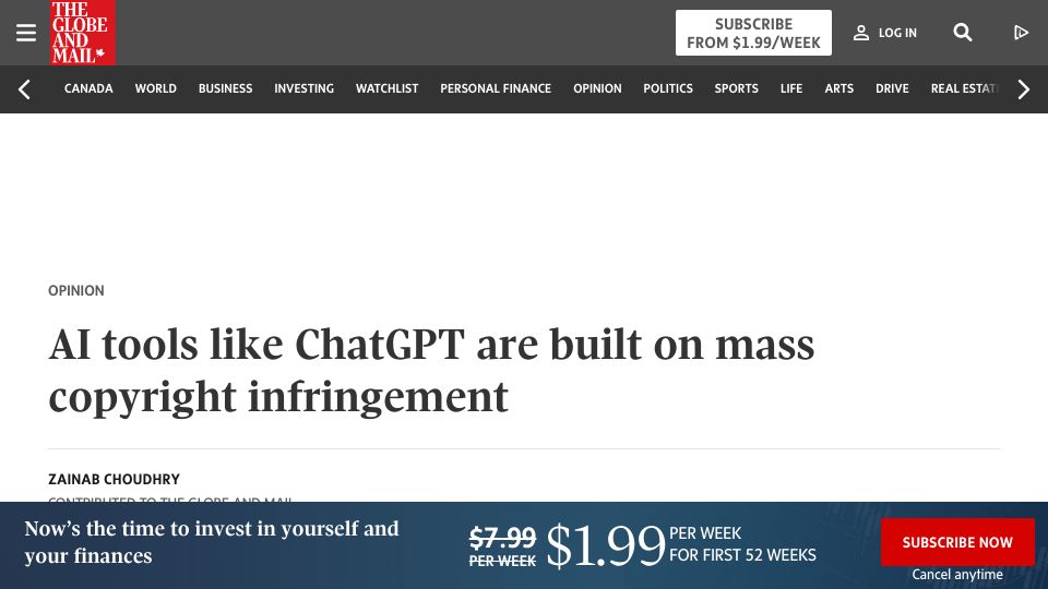Screenshot of theglobeandmail.com: AI tools like ChatGPT are built on mass copyright infringement