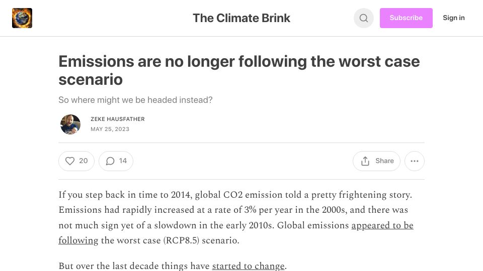 Screenshot of theclimatebrink.substack.com: Emissions are no longer following the worst case scenario