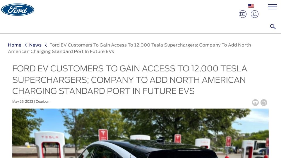 Screenshot of media.ford.com: Ford EV Customers to Gain Access to 12,000 Tesla Superchargers