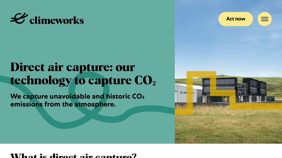 Screenshot of climeworks.com: Direct air capture: our technology to capture CO₂