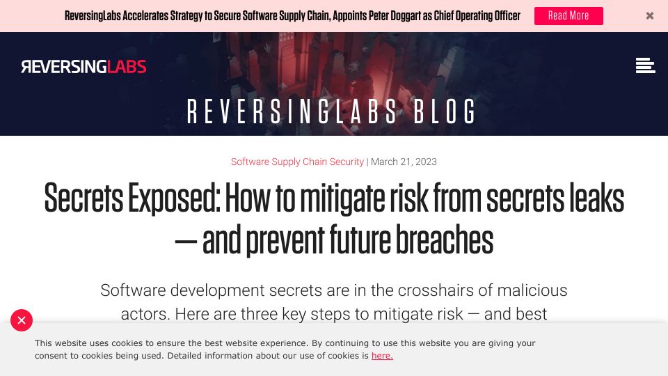 Screenshot of reversinglabs.com: How to mitigate risk from secrets leaks