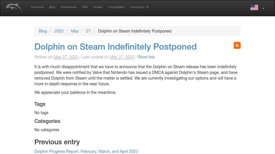 Screenshot of dolphin-emu.org: Dolphin on Steam Indefinitely Postponed
