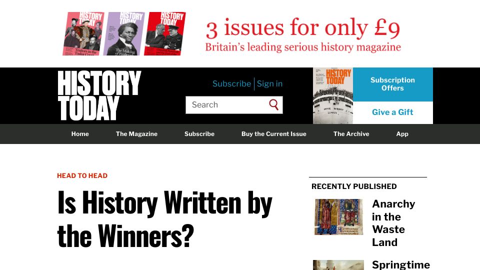 Screenshot of historytoday.com: Is history written by the winners?