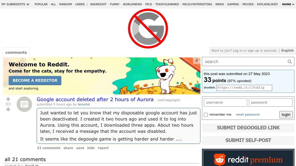 Screenshot of old.reddit.com: Google account deleted after 2 hours of Aurora