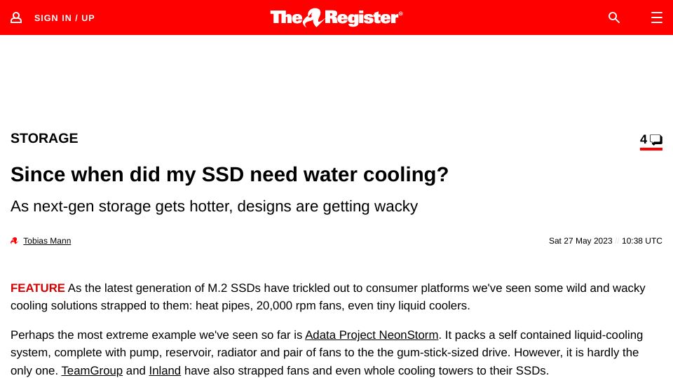 Screenshot of theregister.com: Since when did SSDs need water cooling?