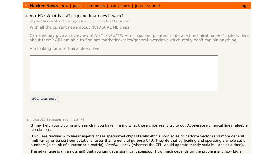 Screenshot of Hacker News post: Ask HN: What is an A.I. chip and how does it work?