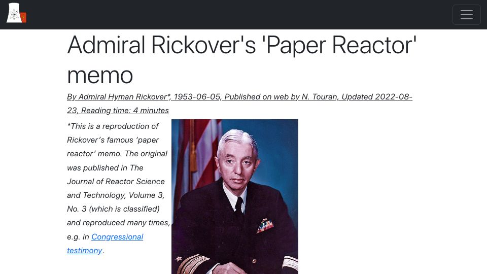 Screenshot of whatisnuclear.com: Admiral Rickover's 'Paper Reactor' Memo (1953)