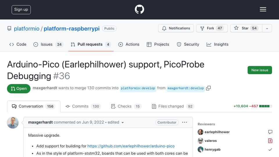 Screenshot of github.com: Raspberry Pi/PlatformIO conflict blocks support for Pico-Arduino toolchain