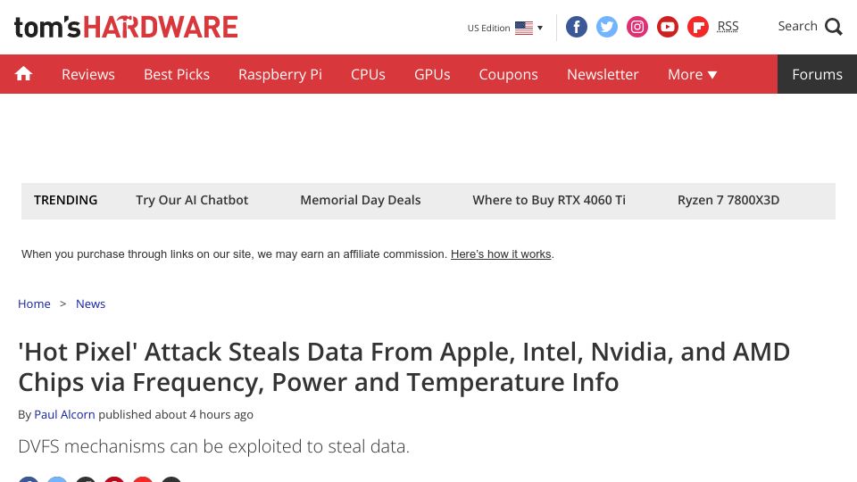 Screenshot of tomshardware.com: Hot Pixel' Attack Steals Data from Apple, Intel, Nvidia, and AMD Chips