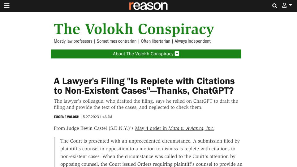 Screenshot of reason.com: ChatGPT-Authored Legal Filing “Replete with Citations to Non-Existent Cases"