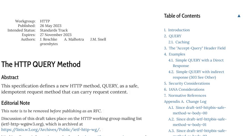 Screenshot of httpwg.org: The HTTP QUERY Method specification