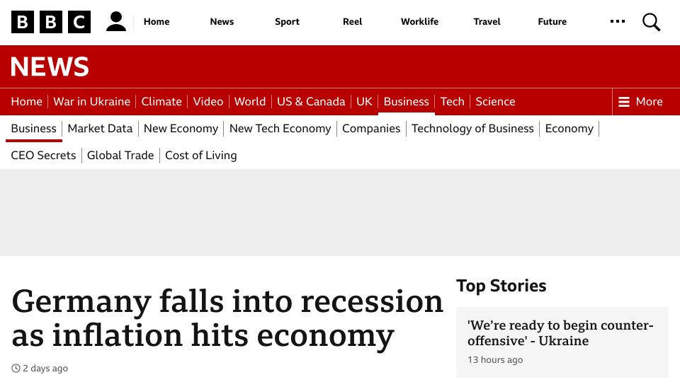 Screenshot of bbc.com: Germany falls into recession as inflation hits economy