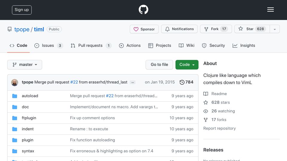 Screenshot of github.com: TimL: Clojure-like Lisp dialect that runs on and compiles down to Vimscript