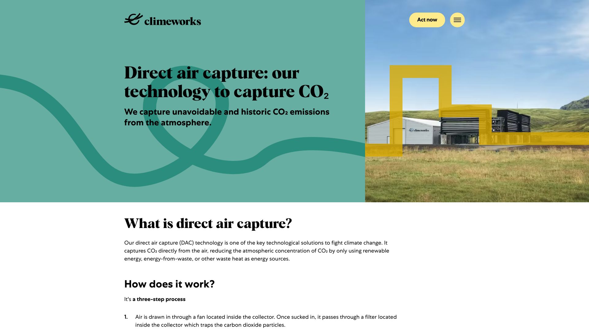 Screenshot of climeworks.com: Direct air capture: our technology to capture CO₂