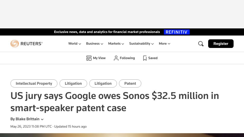 Screenshot of reuters.com: US jury says Google owes Sonos $32.5M in smart-speaker patent case