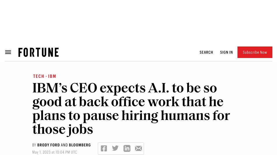 Screenshot of fortune.com: IBM CEO expects AI to replace back office workers (such as human resources)