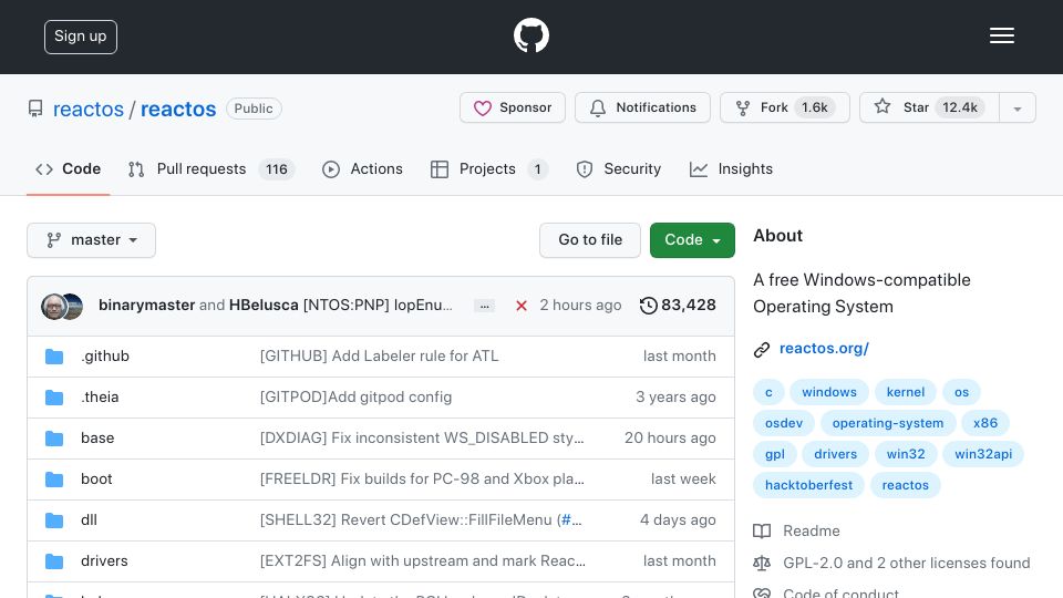 Screenshot of github.com: A free Windows-compatible Operating System