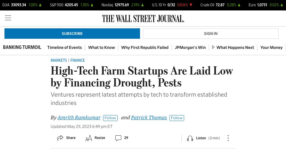 Screenshot of wsj.com: High-tech farm startups are laid low by financing drought, pests