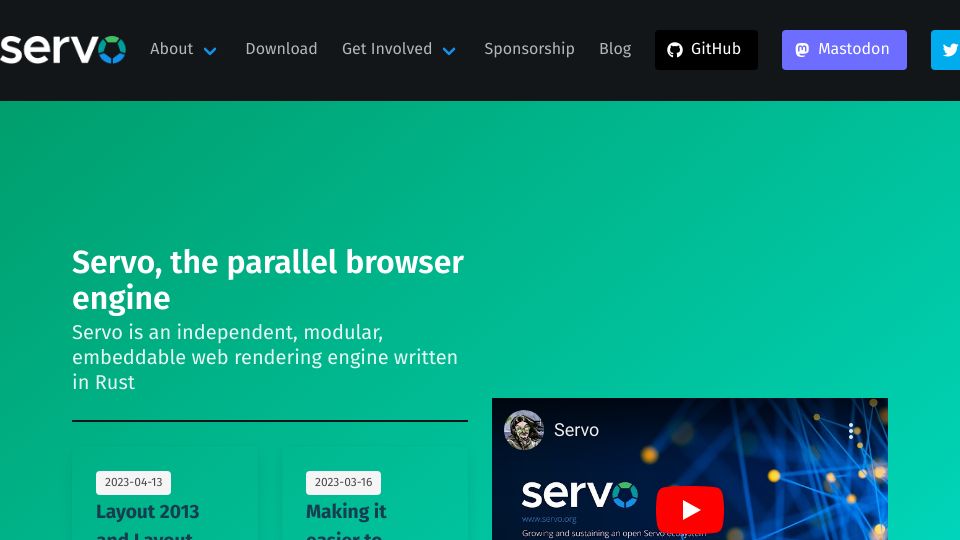 Screenshot of servo.org: Servo, the parallel browser engine written in Rust