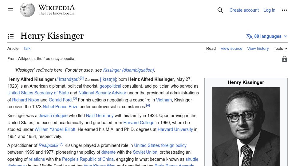 Screenshot of en.wikipedia.org: Henry Kissinger turns 100 today