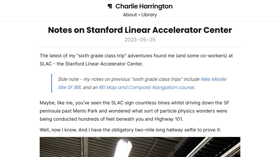 Screenshot of charlieharrington.com: Notes on Stanford Linear Accelerator Center