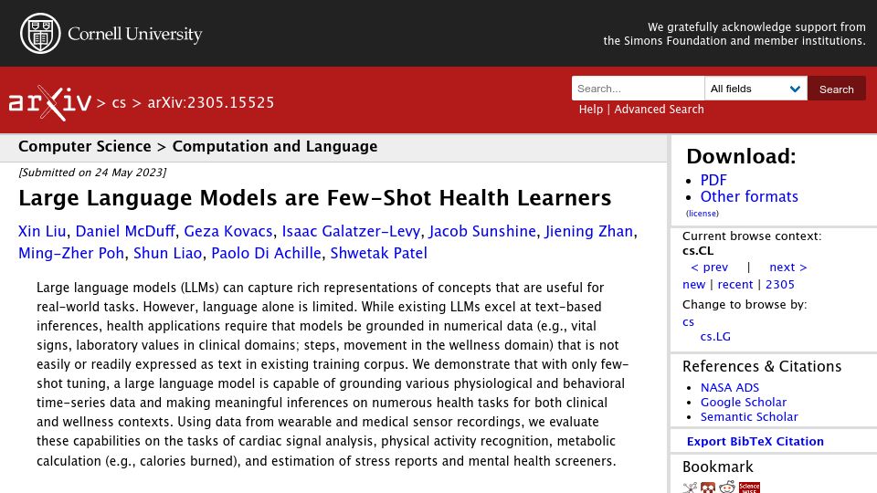 Screenshot of arxiv.org: Large Language Models Are Few-Shot Health Learners